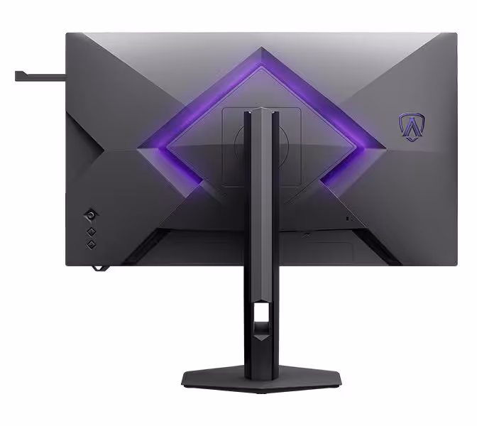 Dos du moniteur AOC AGON gris foncé avec éclairage violet, vue arrière centrée sur le support