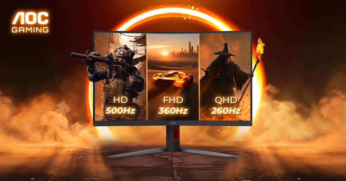 AOC CQ32G4ZA : un écran incurvé 31,5 pouces qui monte jusqu’à 500 Hz 2 Écran gamer AOC Gaming affichant les modes HD 500Hz, FHD 360Hz et QHD 260Hz.