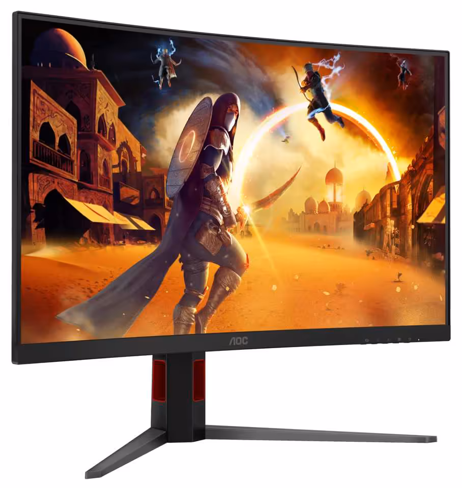 AOC CQ32G4ZA : un écran incurvé 31,5 pouces qui monte jusqu’à 500 Hz 3 Moniteur AOC Gaming en angle trois quarts, avec pied central noir et accents rouges.