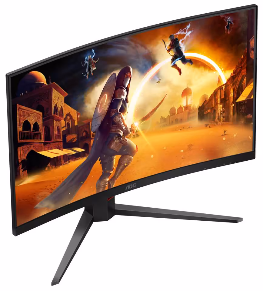 AOC CQ32G4ZA : un écran incurvé 31,5 pouces qui monte jusqu’à 500 Hz 5 Écran AOC Gaming incurvé de profil, affichant une scène de jeu colorée.