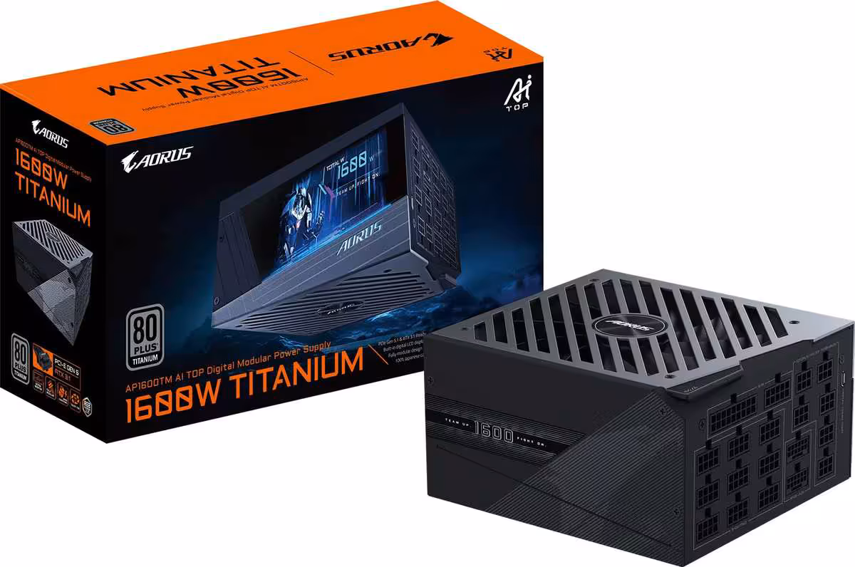 AORUS P1600W : Gigabyte lance une alimentation 1600 W Titanium en format 160 mm 5 Boîte AORUS P1600W TITANIUM et alimentation modulaire noire, branding Gigabyte AORUS visible