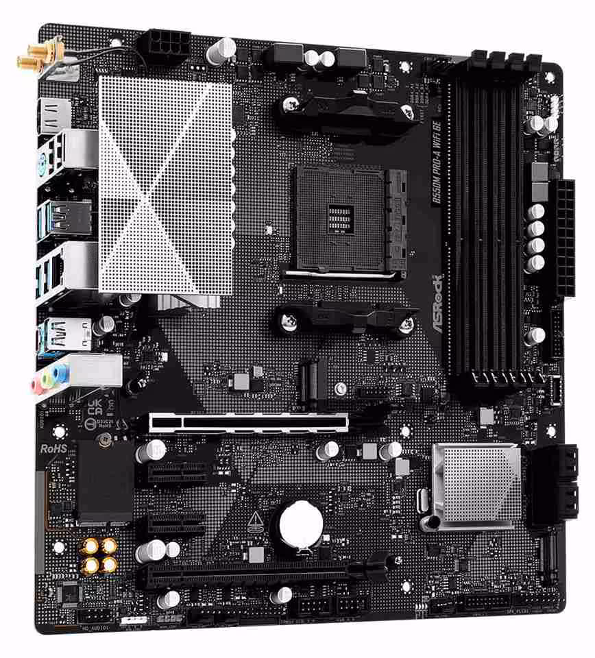 Carte mère ASRock B550M Pro-A WiFi 6E vue de dessus, socket AM4 et dissipateurs