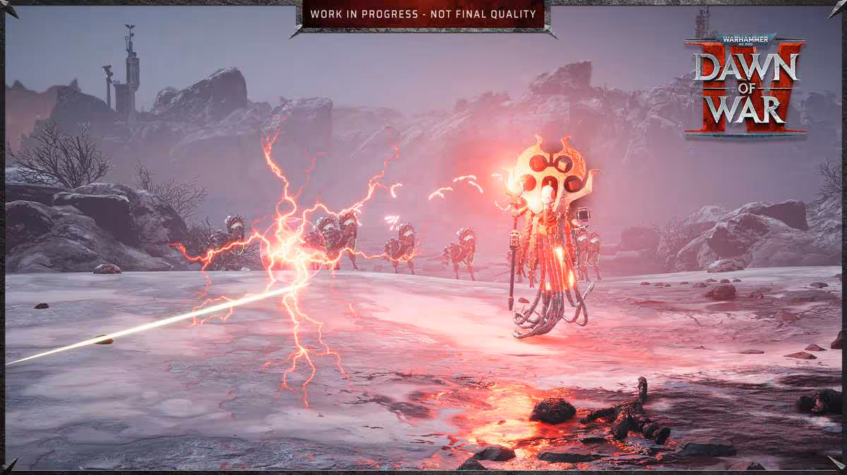 Dawn of War IV reporté au 3 décembre 2026, accès anticipé dès le 30 novembre 3 Capture in-game Dawn of War IV avec unité nécron dans un paysage glacé, mention work in progress