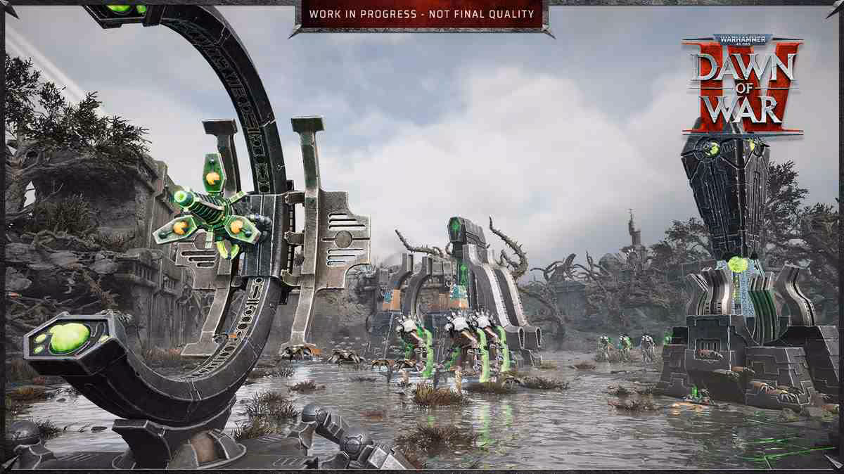 Dawn of War IV reporté au 3 décembre 2026, accès anticipé dès le 30 novembre 4 Capture in-game Dawn of War IV avec structures nécrons vertes dans un marais, mention work in progress