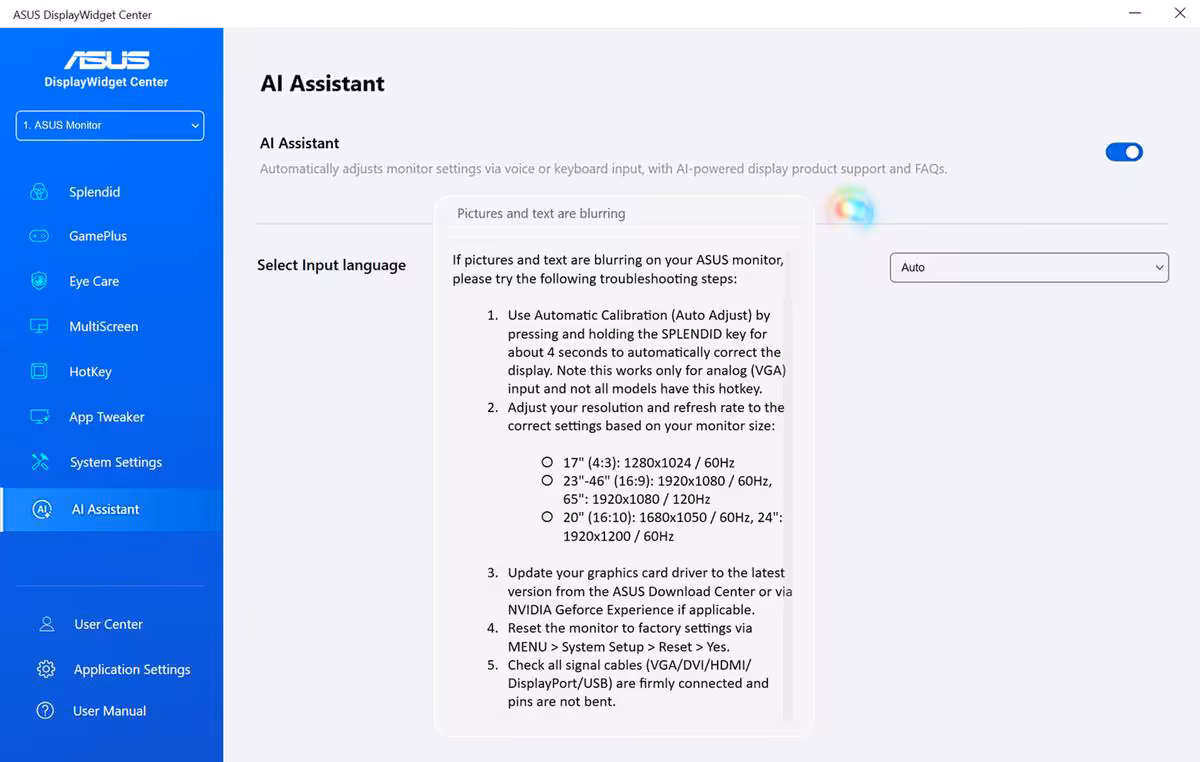 Fenêtre ASUS DisplayWidget Center sur la fonction AI Assistant avec conseils de dépannage pour moniteur