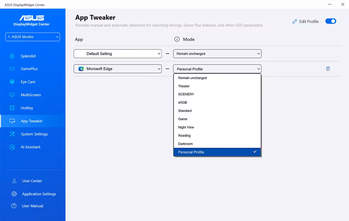 ASUS DisplayWidget Center, écran App Tweaker avec profil personnalisé sélectionné pour Microsoft Edge