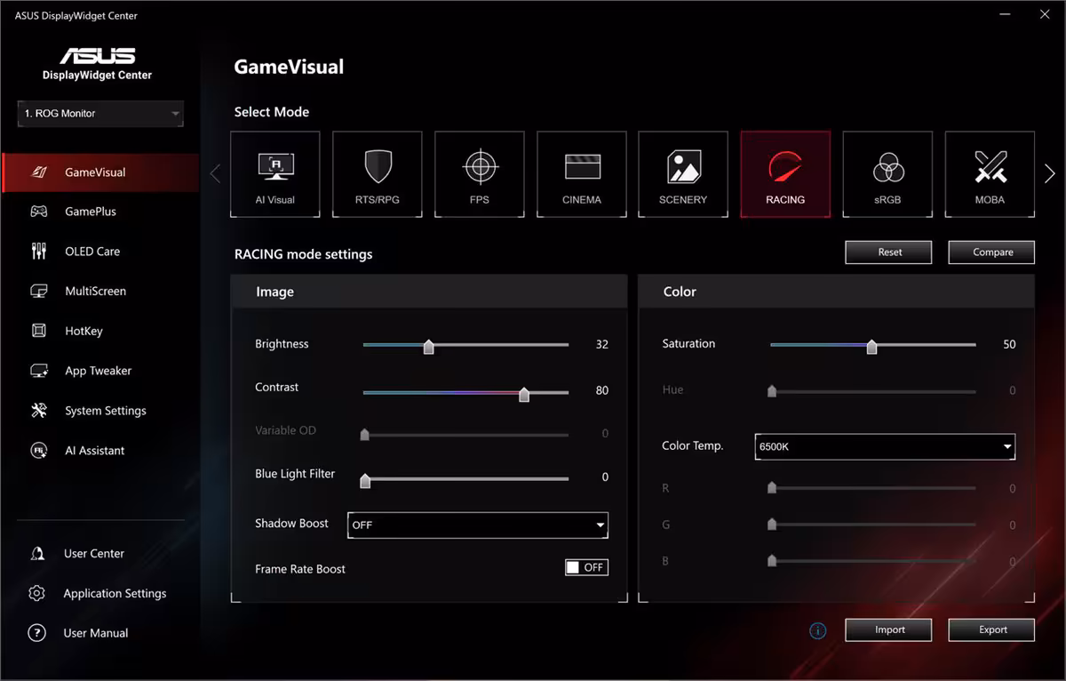 ASUS DisplayWidget Center, onglet GameVisual avec réglages de luminosité, contraste, saturation et mode Racing