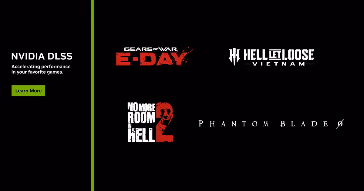 DLSS 4.5 s'impose sur Gears of War: E-Day, Phantom Blade Zero et Hell Let Loose 2 Visuel promotionnel NVIDIA DLSS avec logos Gears of War E-Day, HELLDIVERS, No More Room in Hell 2 et Phantom Blade Zero