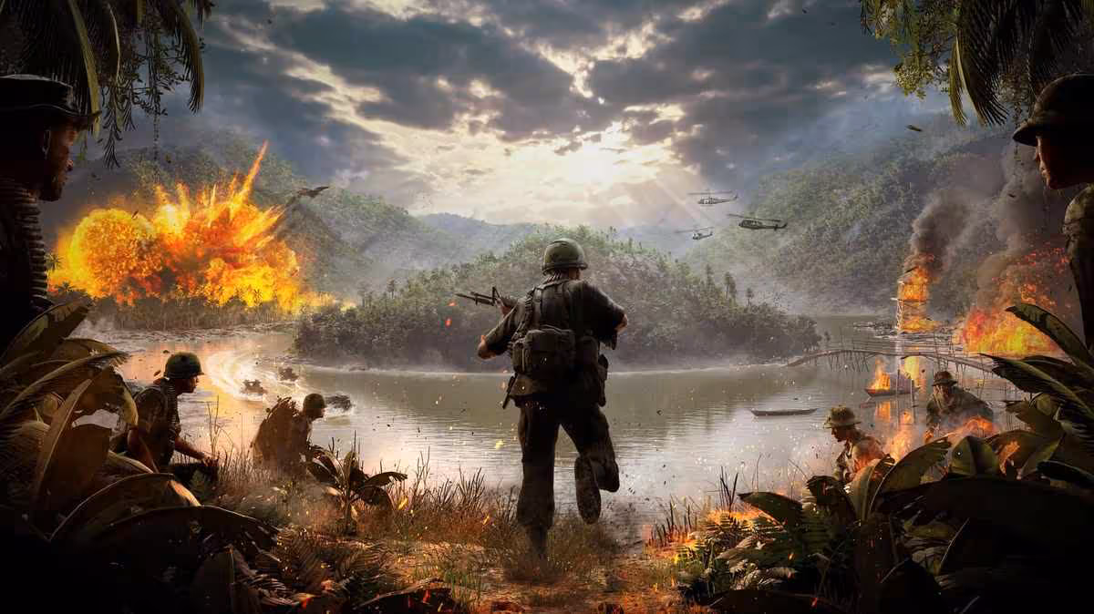 DLSS 4.5 s'impose sur Gears of War: E-Day, Phantom Blade Zero et Hell Let Loose 4 Artwork de combat dans une jungle tropicale, soldats armés face à explosions et hélicoptère