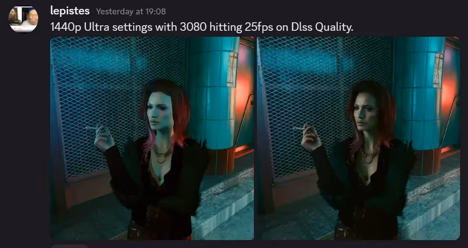 Comparatif de jeu sur PC avec une femme dans un décor industriel, texte sur DLSS Quality