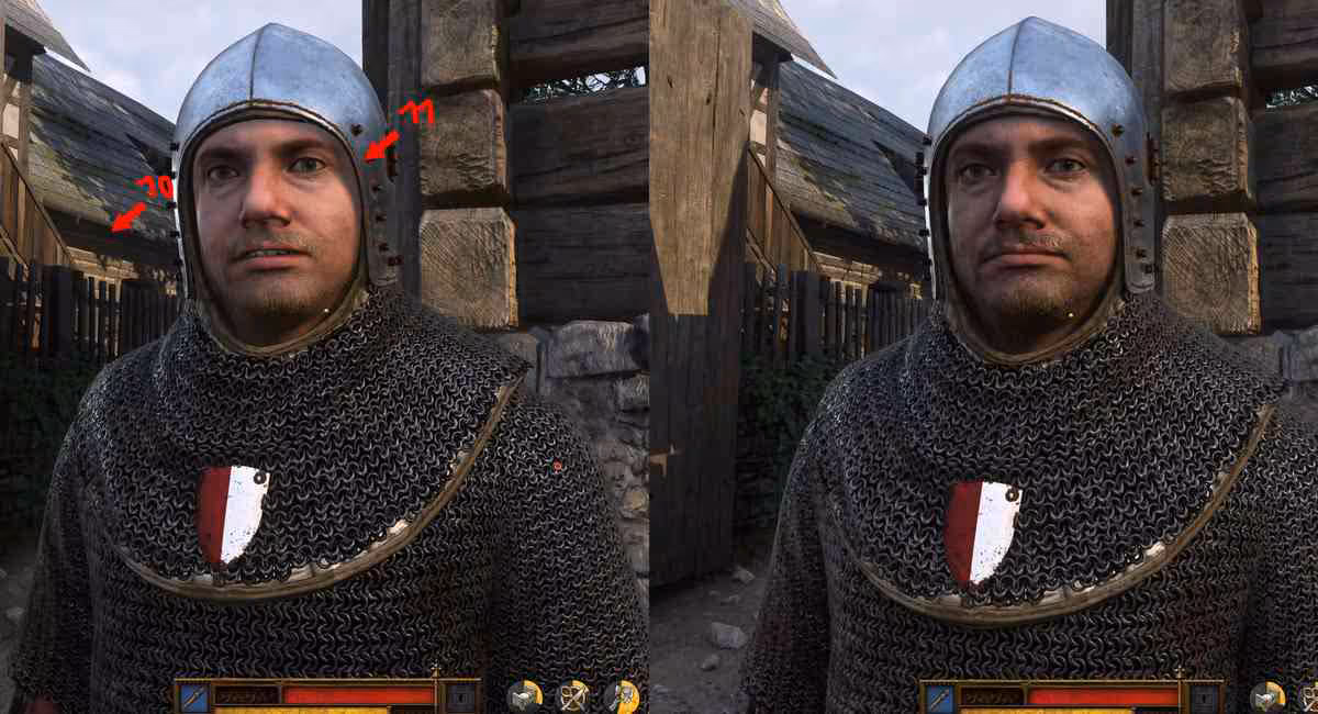 DLSS 5 : le directeur de Kingdom Come: Deliverance 2 défend son impact visuel 2 Chevalier médiéval de Kingdom Come: Deliverance en armure de mailles et casque, comparaison avant-après DLSS.