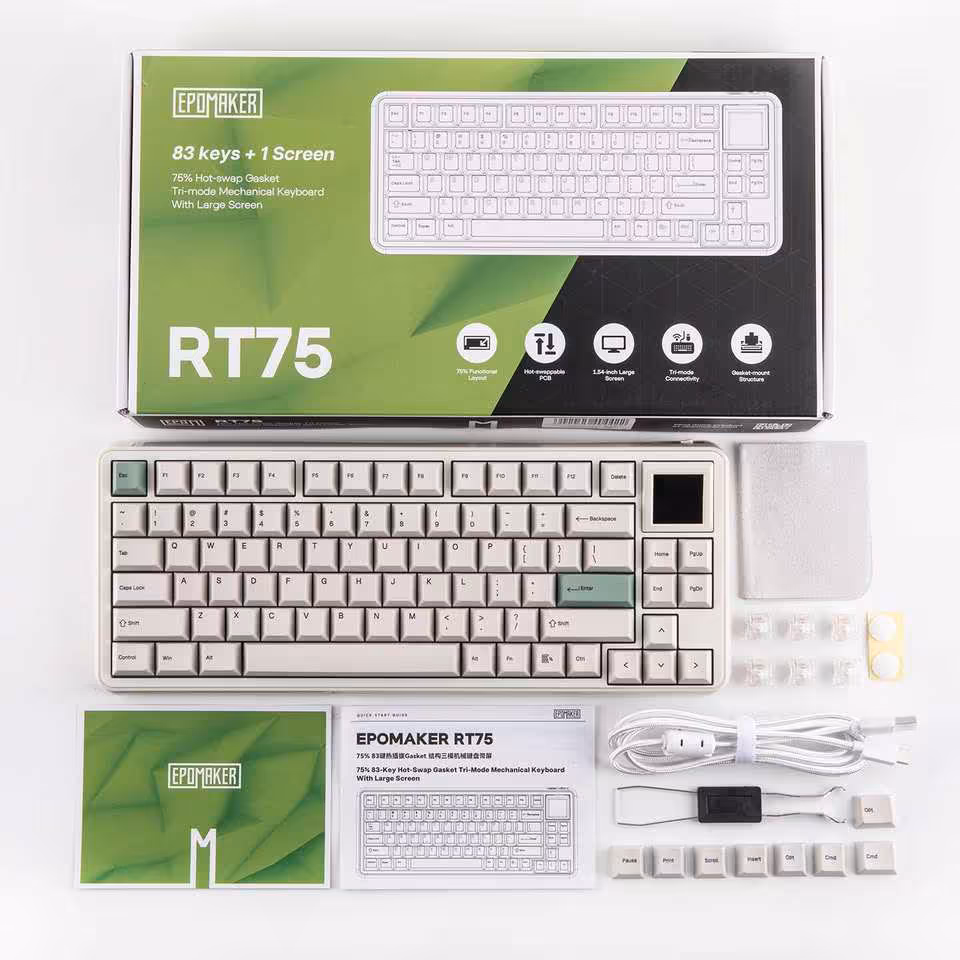 Boîte et contenu du clavier Epomaker RT75 : clavier, câble USB, notice, keycaps et accessoires inclus