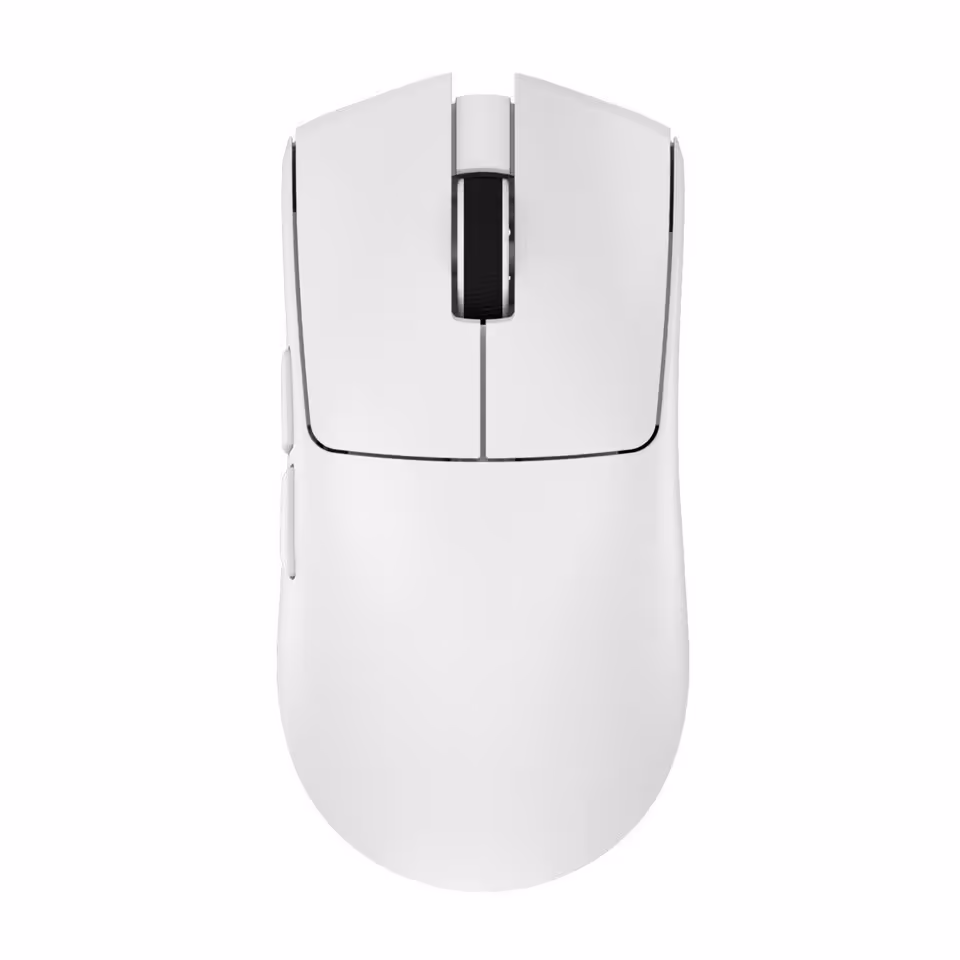 Souris gaming sans fil blanche Everglide, vue de dessus, design épuré avec molette centrale et deux boutons latéraux