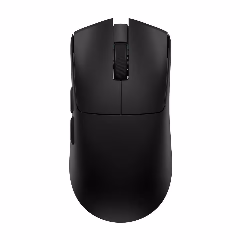 Souris gaming sans fil noire Everglide, vue de dessus, même design compact avec molette centrale