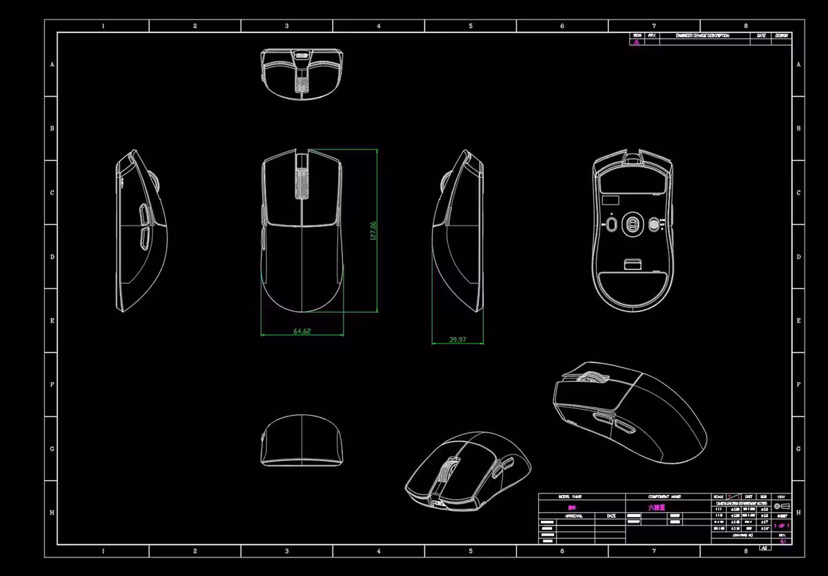Schéma technique de souris gaming Everglide, vues de face, profil et dessous sur fond noir