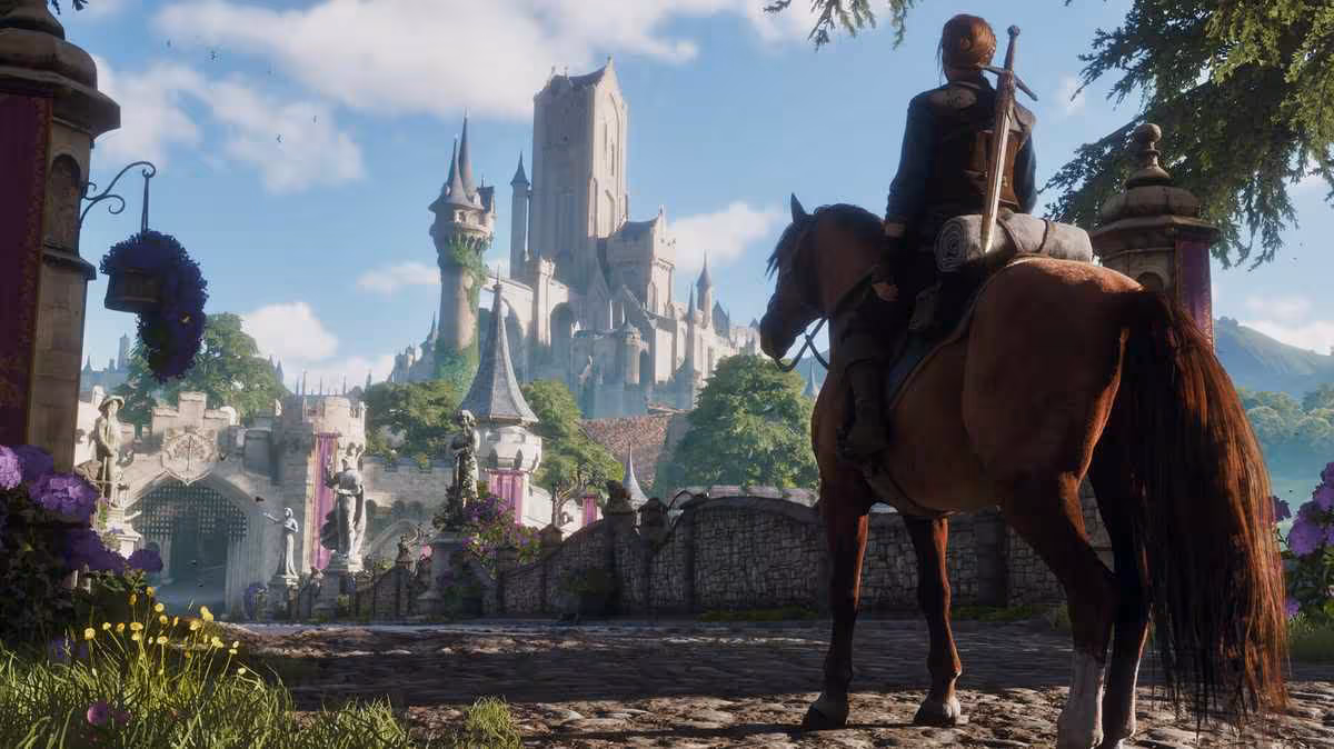 Fable mise sur une campagne de 15 à 20 heures et une simulation de vie sans fin 2 Cavalier à cheval devant un château fantasy de Fable, paysage lumineux et village médiéval