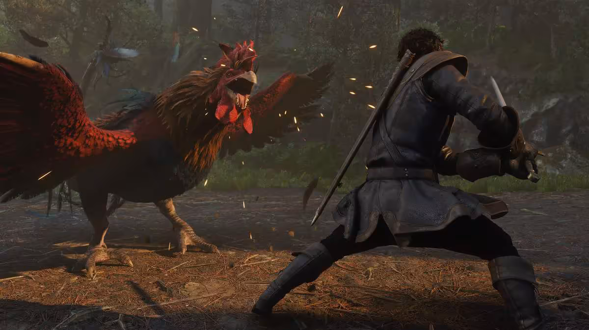 Fable PC : configuration modeste sur Steam, avec une possible limite à 60 FPS 2 Scène de combat de Fable avec personnage armé face à un poulet géant dans un environnement forestier