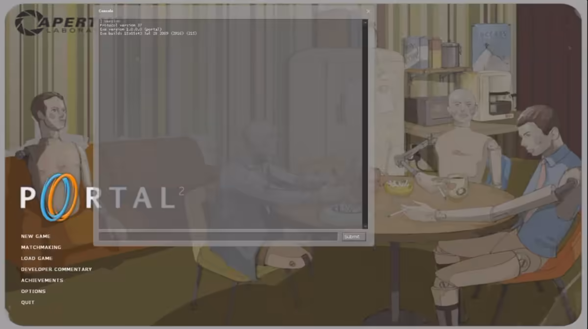 Menu principal de Portal avec logo Valve, écran de sélection central et illustration de laboratoire en arrière-plan