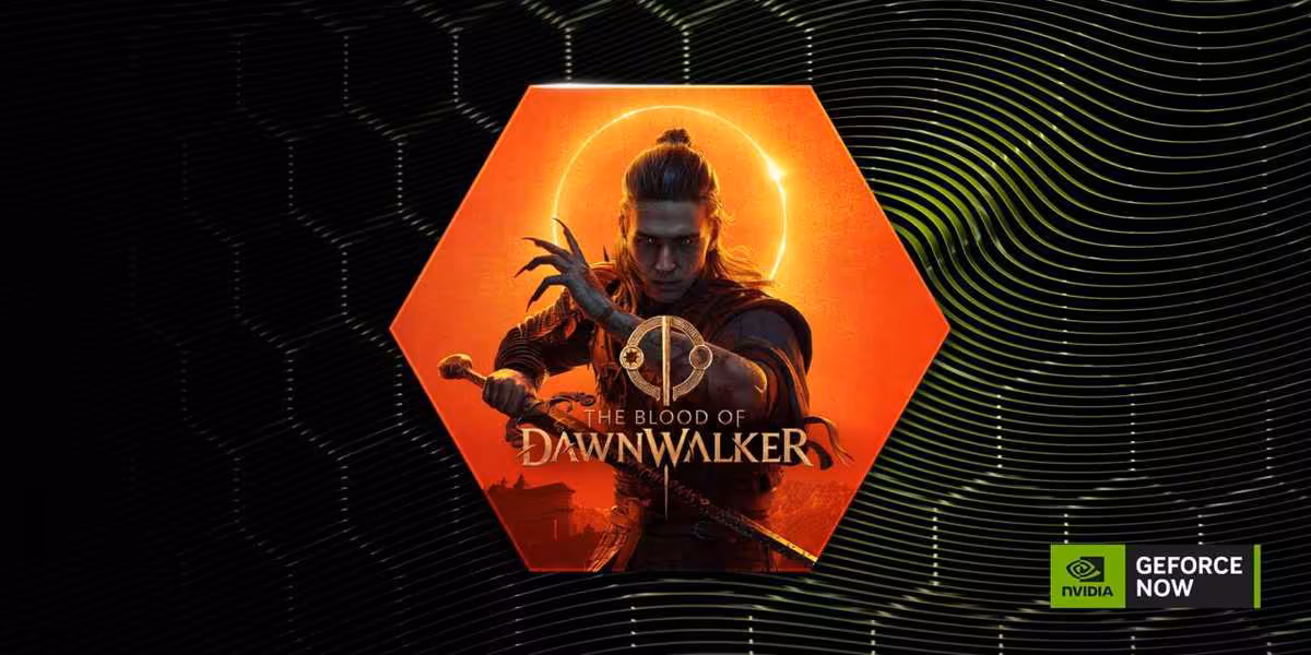 Jaquette The Blood of Dawnwalker sur fond orange, logo GeForce NOW