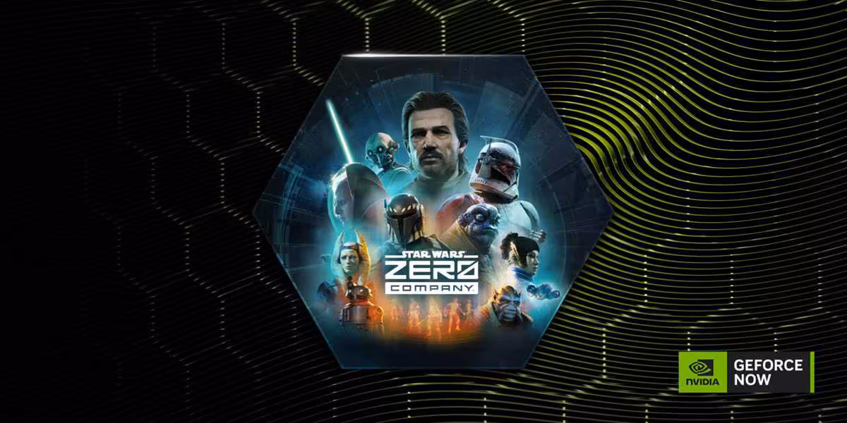 Jaquette Star Wars Zero Company dans un hexagone, logo GeForce NOW
