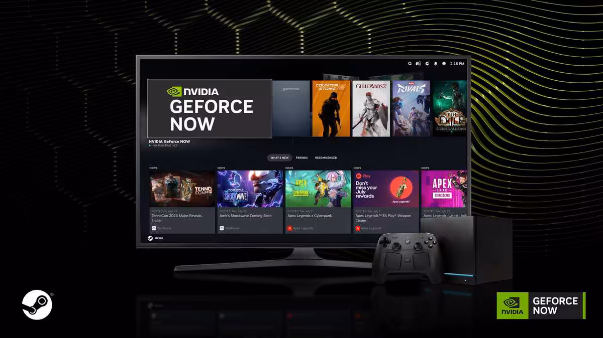 Téléviseur avec interface NVIDIA GeForce NOW et manette de jeu sans fil en premier plan