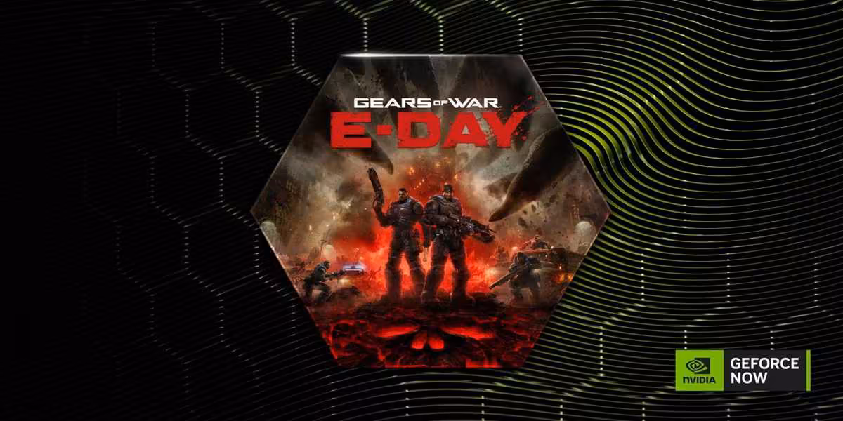 Jaquette Gears of War E-Day dans un hexagone, branding GeForce NOW
