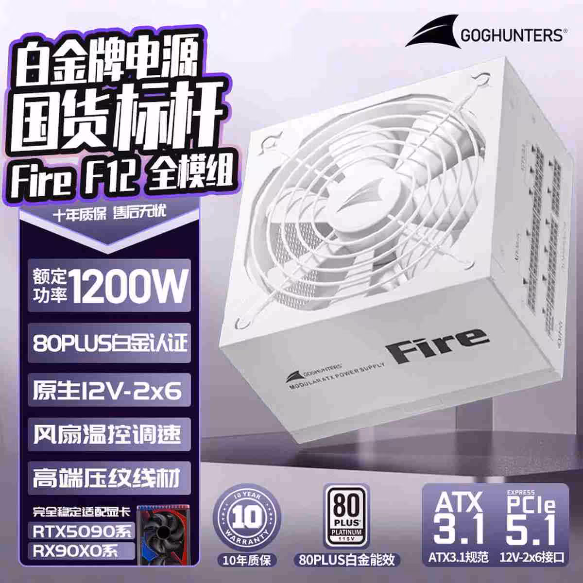 RTX 5090 : un panneau mesh n’a pas empêché la surchauffe du connecteur 16 broches 2 Alimentation Goghunters Fire F12 1200W fond violet texte prédominant