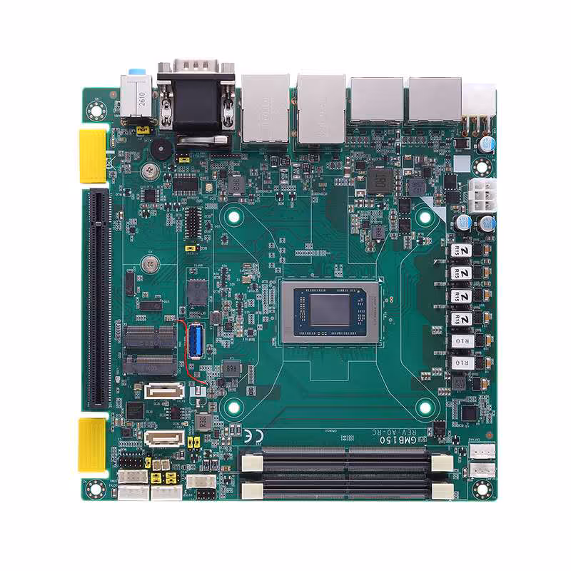 GMB150 : Axiomtek lance une Mini-ITX Ryzen Embedded P100 taillée pour l’IA gaming 4 Carte mère Axiomtek GMB150 Mini-ITX vue de dessus, socket AMD Ryzen Embedded et slots mémoire.