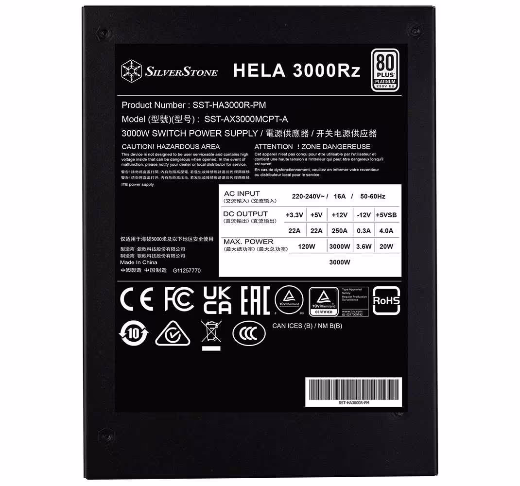 HELA 3000Rz : SilverStone signe une alimentation ATX de 3000 W pour stations IA à 4 GPU 3 Étiquette technique de l’alimentation SilverStone HELA 3000Rz, modèle SST-HA3000R-PM, 3000W