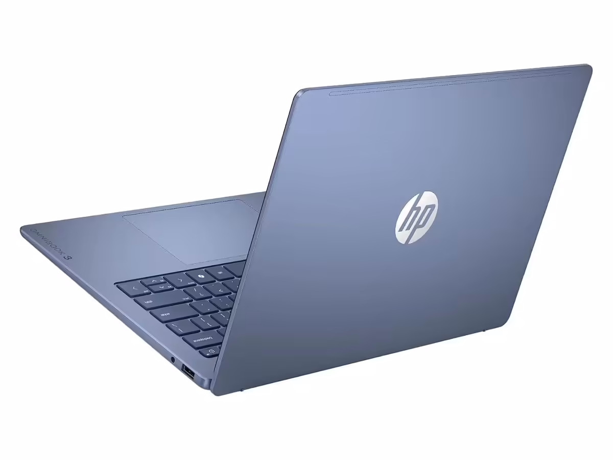 HP OmniBook fermé, vue arrière, logo central, fond clair, détails modérés.