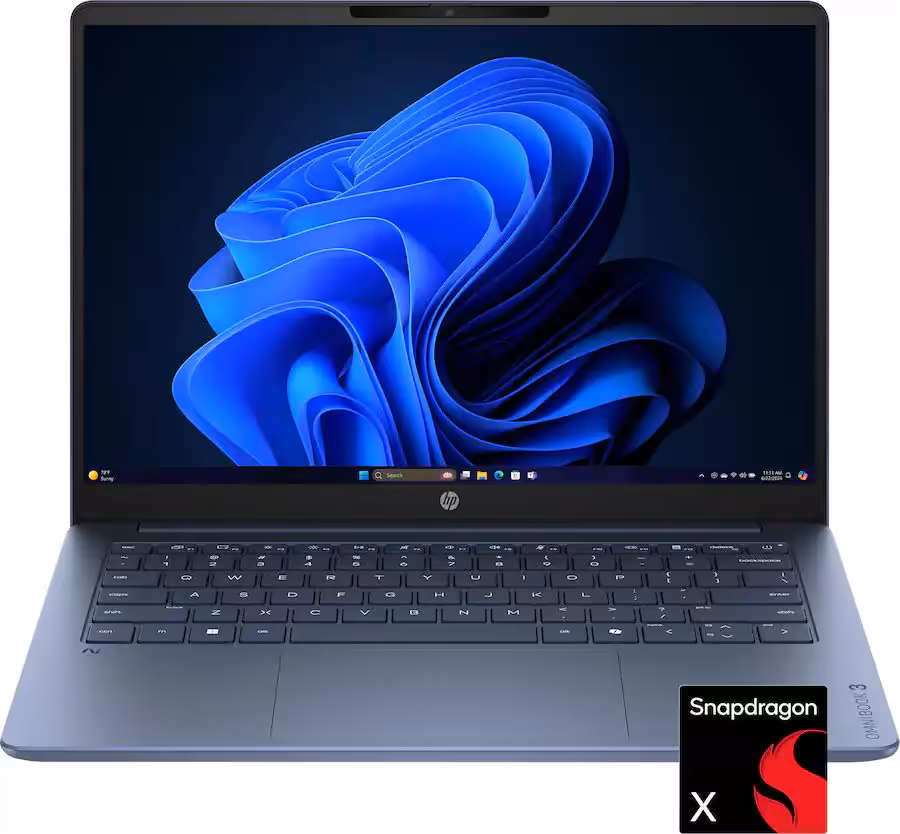 HP OmniBook ouvert, Windows, logo Snapdragon X, écran vivant, fond noir contrasté.