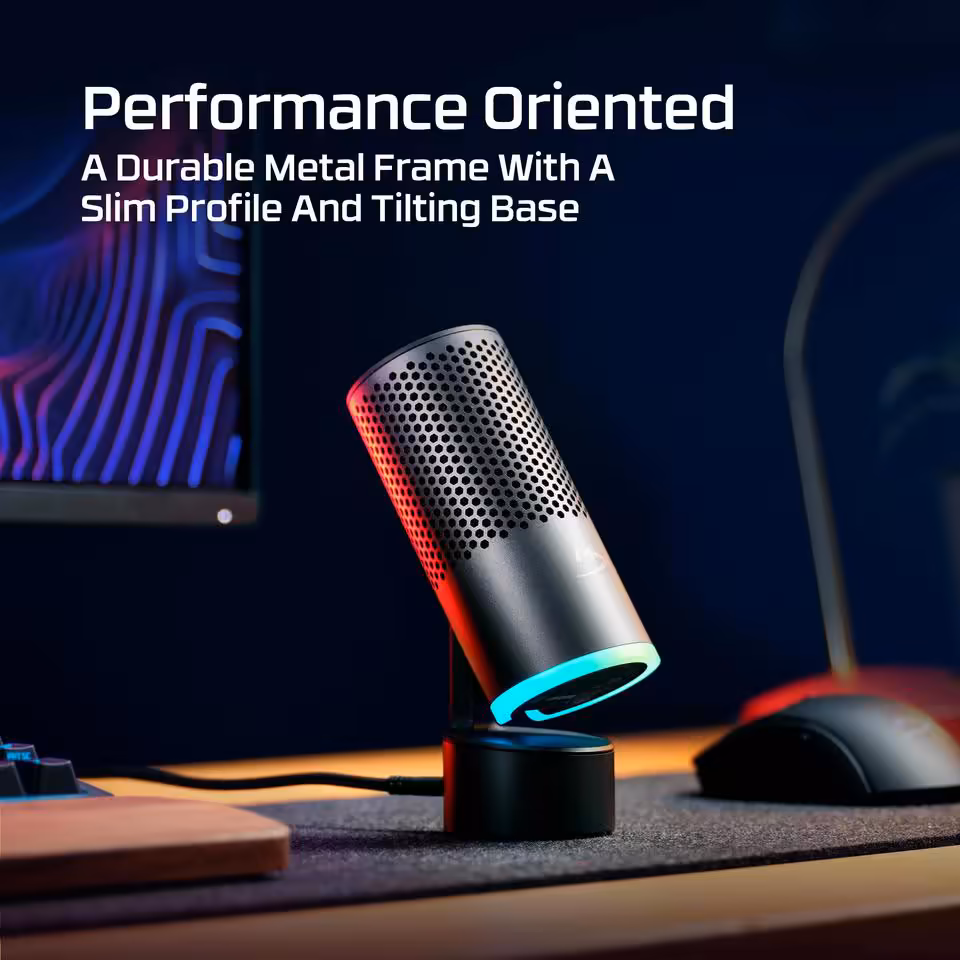 HyperX Level Awakening : casque ouvert, souris 47 g et micro USB au programme 6 Micro de bureau HyperX avec base inclinée et éclairage RGB, style setup gaming