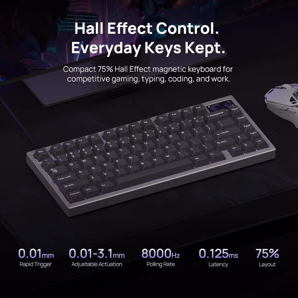 Visuel promotionnel du clavier Hall Effect 75 % Iqunix EC75 HE avec caractéristiques de performance affichées