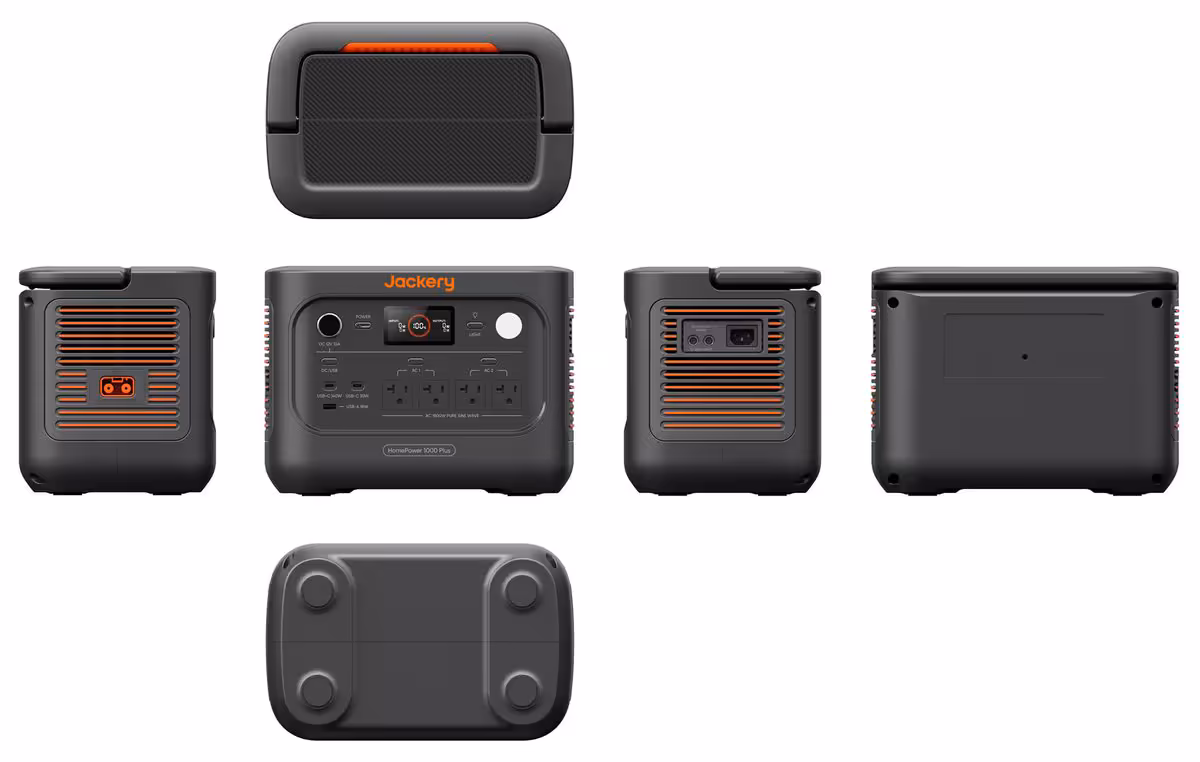 Jackery HomePower 1000 Plus V2 : une station 1 024 Wh extensible à 11 kWh 5 Vues produit de la Jackery HomePower 1000 Plus V2 noire, angles multiples et base inférieure