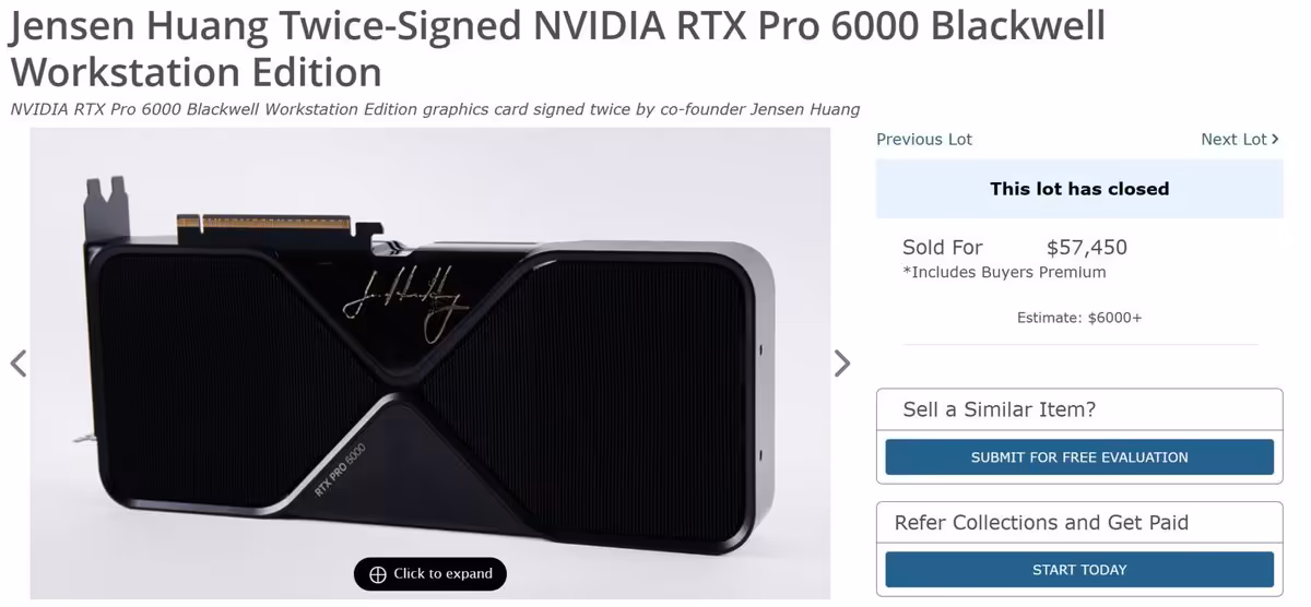 Capture d'écran de la signature de Jensen sur NVIDIA RTX Pro 6000 avec détails prix de vente