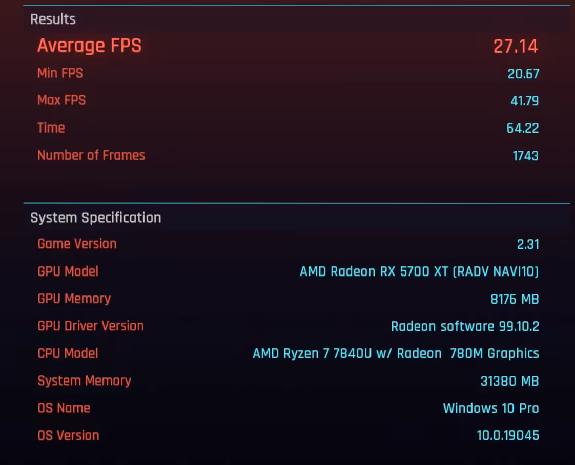Capture de résultats de performance FPS moyen 27.14 AMD Radeon RX 5700 XT fond rouge sombre