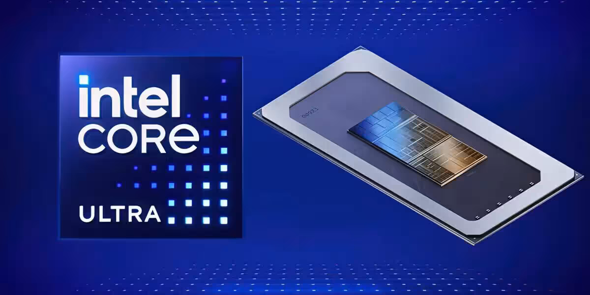 Logo Intel Core Ultra et processeur sur fond bleu, visuel promotionnel officiel Intel