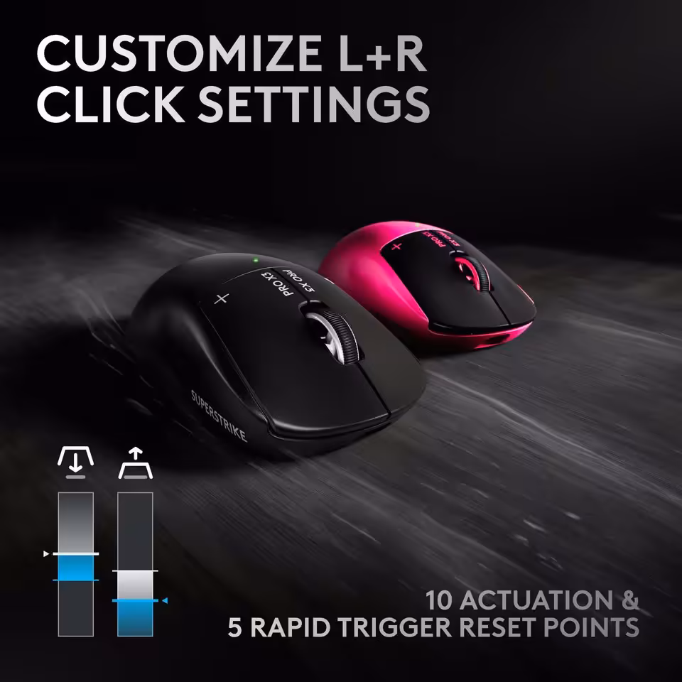 Logitech G Pro X3 Superstrike : fuite sur la batterie amovible et les nouveaux internals 3 Deux souris Logitech G Pro X3 Superstrike noire et rose avec réglages de clics gauche-droite