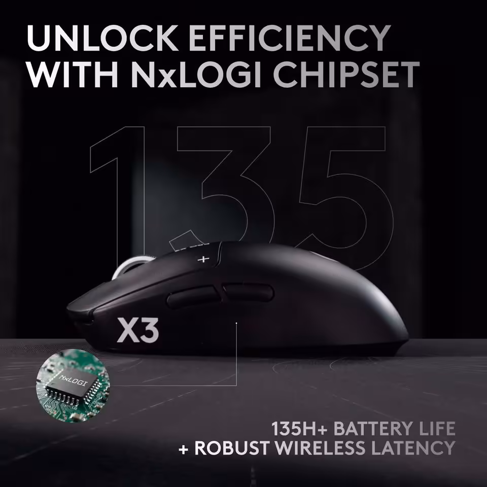 Logitech G Pro X3 Superstrike : fuite sur la batterie amovible et les nouveaux internals 6 Profil latéral de la Logitech G Pro X3 Superstrike noire, mention du chipset NxLogi et autonomie 135 heures