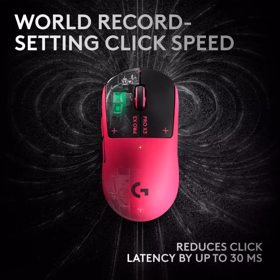 Logitech G Pro X3 Superstrike : fuite sur la batterie amovible et les nouveaux internals 7 Logitech G Pro X3 Superstrike rose en vue de dessus, avec éclairage des switches et vitesse de clic