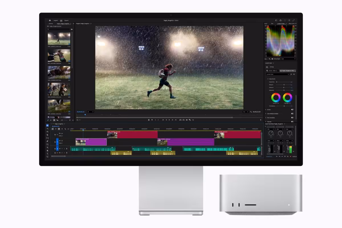 iMac Apple avec interface de montage vidéo et Mac Studio posé à côté