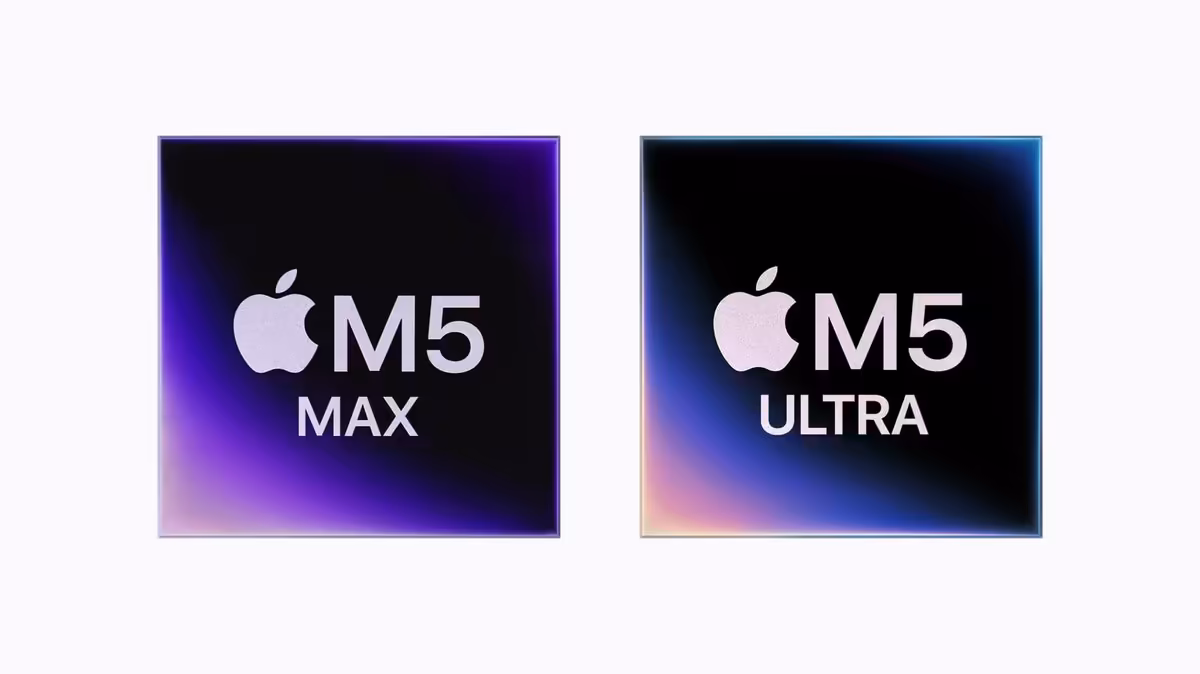 Logos Apple M5 Max et M5 Ultra sur fonds dégradés noir et violet