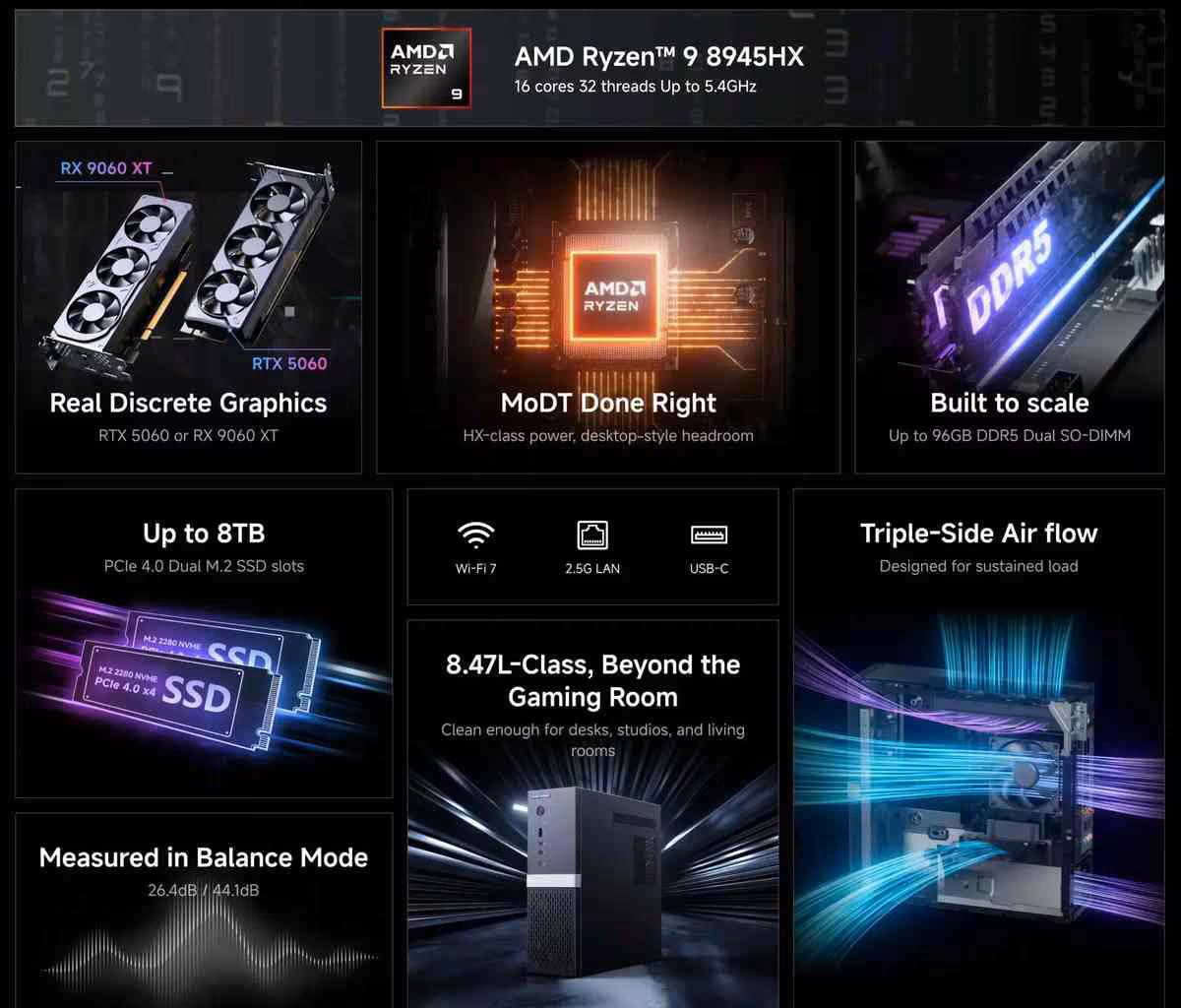 Montage captures GTX 9060 XT, AMD Ryzen 9 8945HX, fond noir peu contrasté