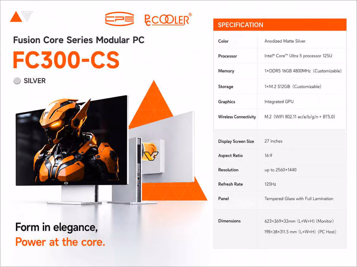 Capture fiche technique PC modulaire, texte détaillé, fond orange et blanc