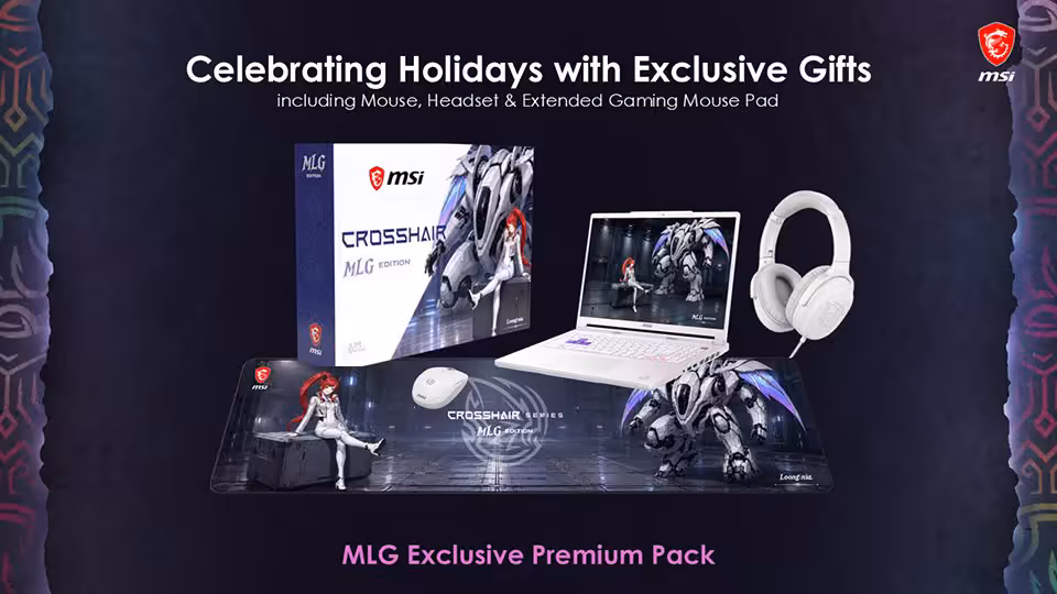 MSI Crosshair A16 HX MLG Edition : un 16 pouces blanc en Ryzen 9 8940HX et RTX 5070 2 Pack cadeau MSI Crosshair A16 HX MLG Edition avec laptop, casque, souris et mousepad