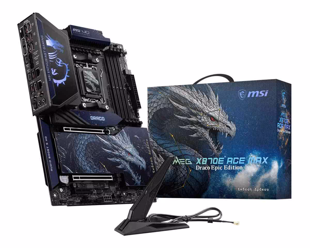 MSI Draco Epic Edition : une collection 40e anniversaire complète dévoilée au Computex 2026 3 Carte mère MSI MEG X870E ACE MAX Draco Epic Edition avec boîte et antenne Wi‑Fi