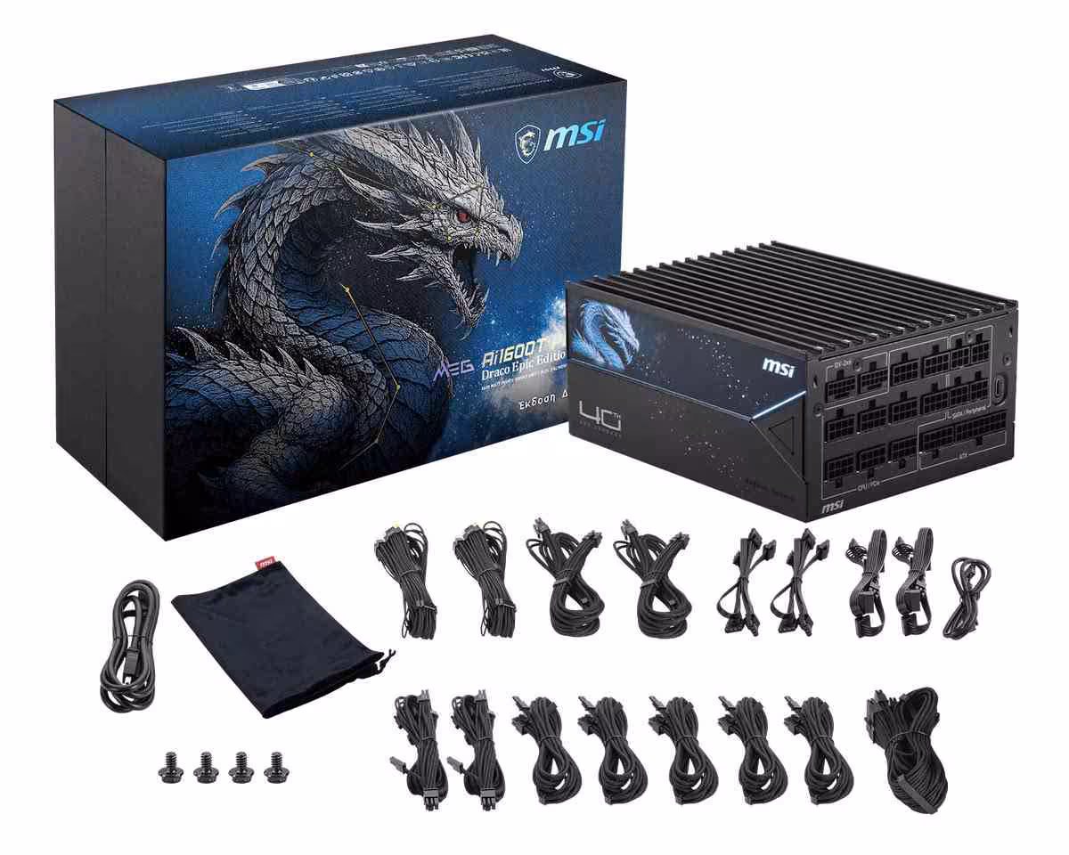 MSI Draco Epic Edition : une collection 40e anniversaire complète dévoilée au Computex 2026 6 Alimentation MSI MEG AI1600T Draco Edition avec boîte, câbles modulaires et accessoires