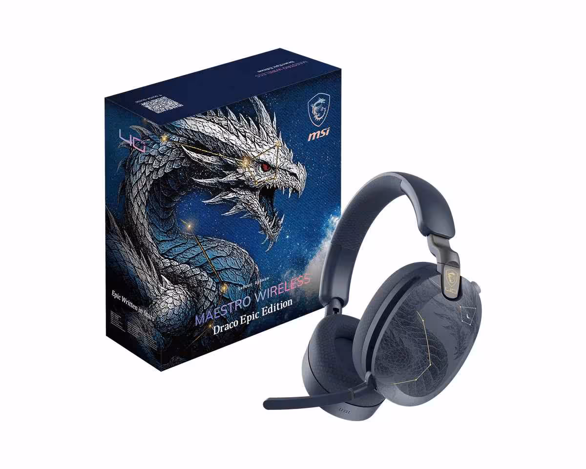 MSI Draco Epic Edition : une collection 40e anniversaire complète dévoilée au Computex 2026 8 Casque MSI Maestro Wireless Draco Epic Edition avec boîte illustrée dragon et arceau rembourré