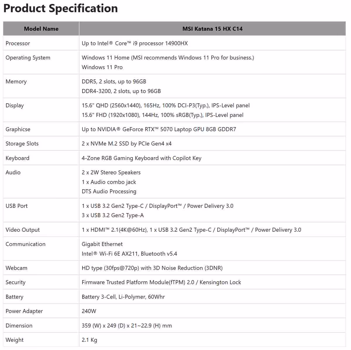 Katana 15 HX : MSI relance un 15,6 pouces gamer avec DDR4-3200 et RTX 5070 4 Tableau de spécifications produit MSI Katana 15 HX C14 texte détaillé en arrière-plan blanc