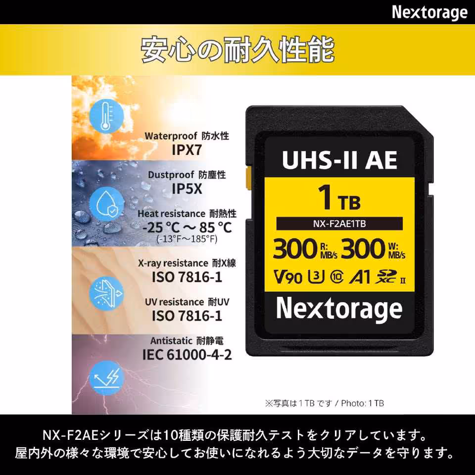 Nextorage NX-F2AE : des cartes SDXC UHS-II V90 jusqu’à 1 To pour la vidéo 8K 2 Carte SDXC Nextorage NX-F2AE 1TB UHS-II AE, avec pictogrammes de résistance IPX7, IP5X et UV.